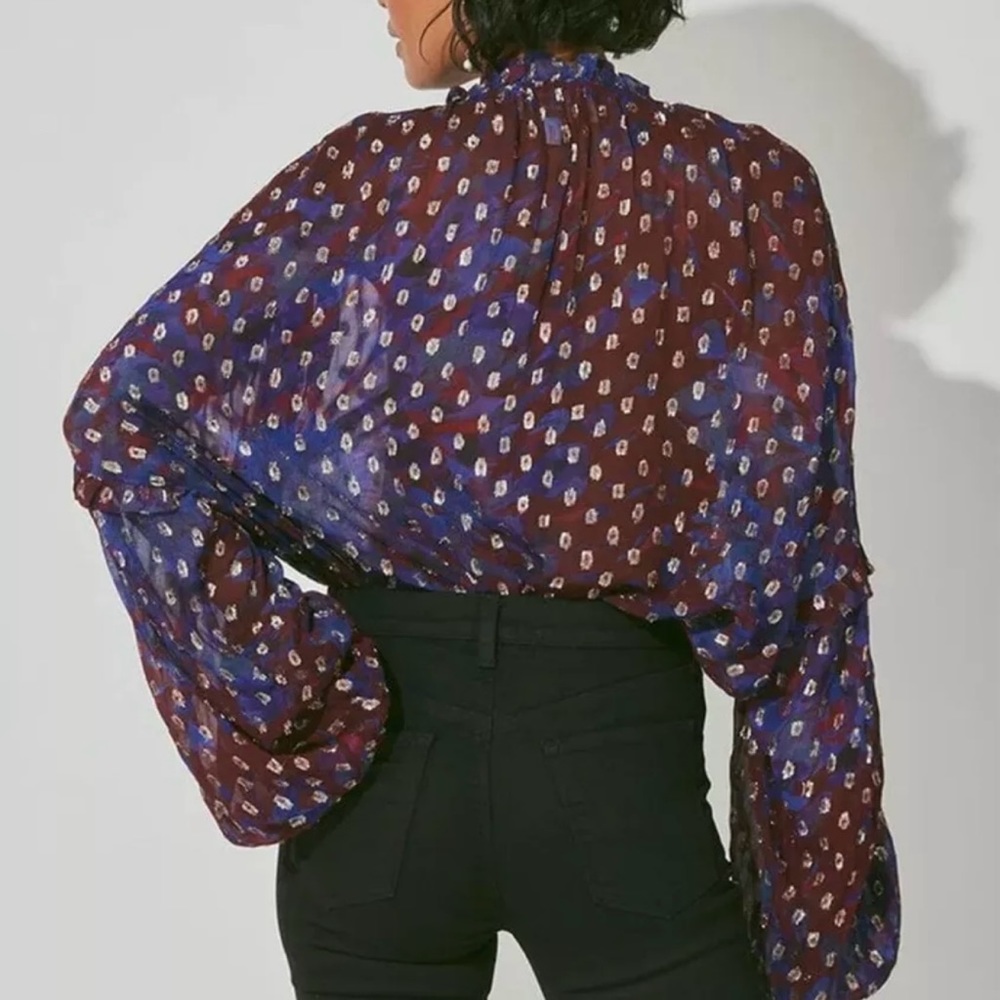 Evereve Purple Floral Sheer Tie-Neck Blouse - Picture 3 of 12